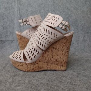 Charles By Charles David Beige Laser-Cut Cork Wedge Sandals